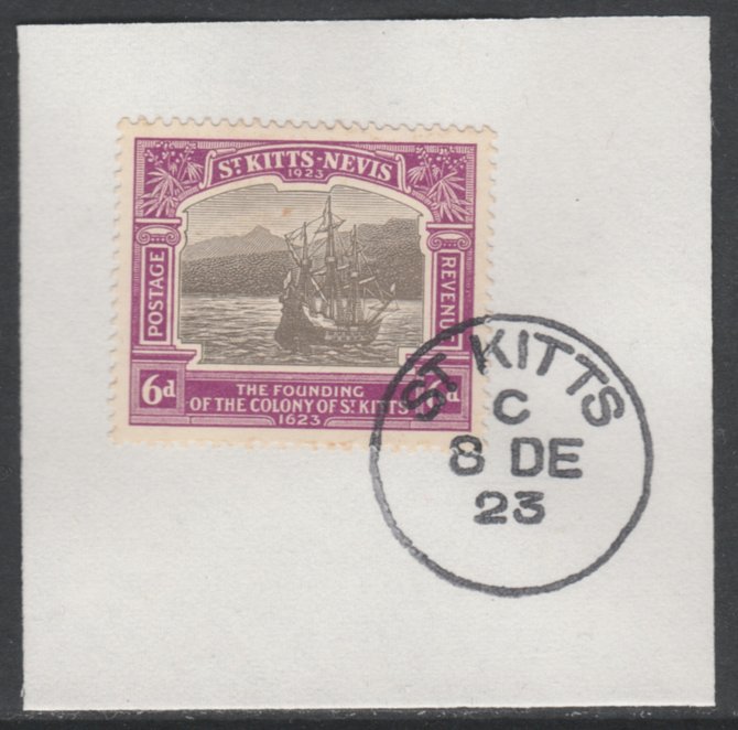 St Kitts-Nevis 1923 KG5 Tercentenary 6d SG 54 on piece with full strike of Madame Joseph forged postmark type 347, stamps on , stamps on  kg5 , stamps on 