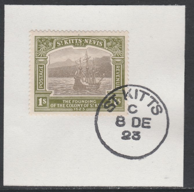 St Kitts-Nevis 1923 KG5 Tercentenary 1s SG 55 on piece with full strike of Madame Joseph forged postmark type 347, stamps on , stamps on  stamps on , stamps on  stamps on  kg5 , stamps on  stamps on 