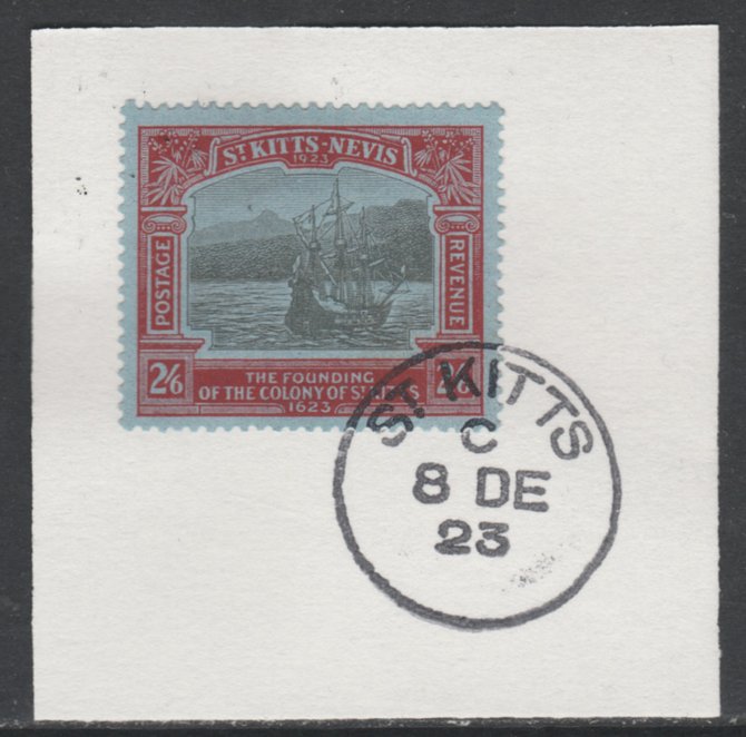 St Kitts-Nevis 1923 KG5 Tercentenary 2s6d SG 57 on piece with full strike of Madame Joseph forged postmark type 347, stamps on , stamps on  kg5 , stamps on 