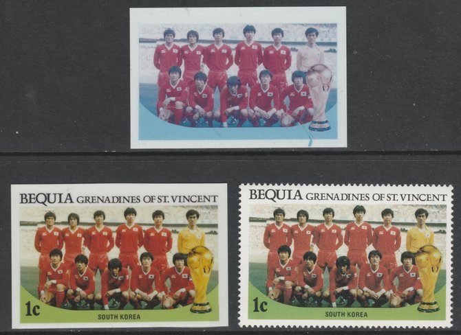 St Vincent - Bequia 1986 World Cup Football 1c  South Korea Team - imperf Cromalin die proofs (plastic card) in magenta & cyan only and all 4 colours plus issued stamp, two rare proof items from the Format International archives. Cromalin proofs are an essential part of the printing proces, produced in very limited numbers and rarely offered on the open market., stamps on , stamps on  stamps on football  sport