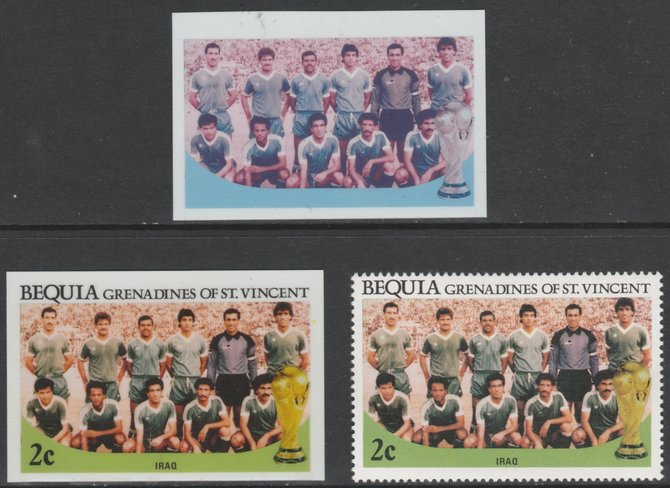 St Vincent - Bequia 1986 World Cup Football 2c Iraq Team - imperf Cromalin die proofs (plastic card) in magenta & cyan only and all 4 colours plus issued stamp, two rare proof items from the Format International archives. Cromalin proofs are an essential part of the printing proces, produced in very limited numbers and rarely offered on the open market., stamps on , stamps on stamps on football sport