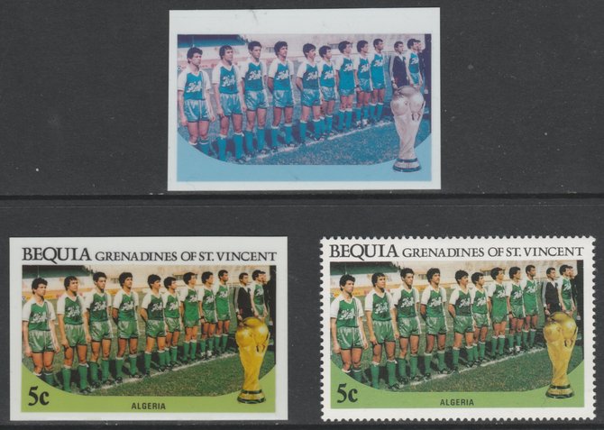 St Vincent - Bequia 1986 World Cup Football 5c Algeria Team - imperf Cromalin die proofs (plastic card) in magenta & cyan only and all 4 colours plus issued stamp, two rare proof items from the Format International archives. Cromalin proofs are an essential part of the printing proces, produced in very limited numbers and rarely offered on the open market., stamps on , stamps on  stamps on football  sport