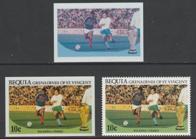 St Vincent - Bequia 1986 World Cup Football 10c Bulgaria v France - imperf Cromalin die proofs (plastic card) in magenta & cyan only and all 4 colours plus issued stamp, two rare proof items from the Format International archives. Cromalin proofs are an essential part of the printing proces, produced in very limited numbers and rarely offered on the open market., stamps on , stamps on  stamps on football  sport