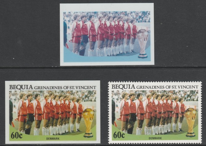 St Vincent - Bequia 1986 World Cup Football 60c Denmark Team - imperf Cromalin die proofs (plastic card) in magenta & cyan only and all 4 colours plus issued stamp, two rare proof items from the Format International archives. Cromalin proofs are an essential part of the printing proces, produced in very limited numbers and rarely offered on the open market., stamps on , stamps on  stamps on football  sport