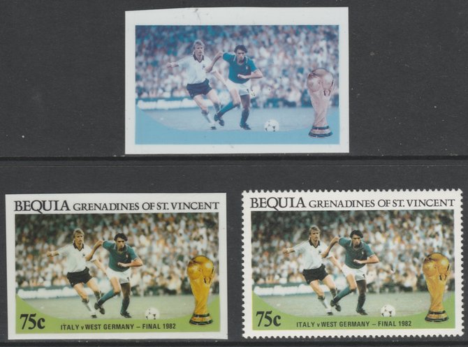 St Vincent - Bequia 1986 World Cup Football 75c Italy v West Germany - imperf Cromalin die proofs (plastic card) in magenta & cyan only and all 4 colours plus issued stamp, two rare proof items from the Format International archives. Cromalin proofs are an essential part of the printing proces, produced in very limited numbers and rarely offered on the open market., stamps on , stamps on  stamps on football  sport