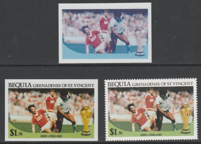St Vincent - Bequia 1986 World Cup Football $1.50 USSR v England - imperf Cromalin die proofs (plastic card) in magenta & cyan only and all 4 colours plus issued stamp, t..., stamps on football  sport