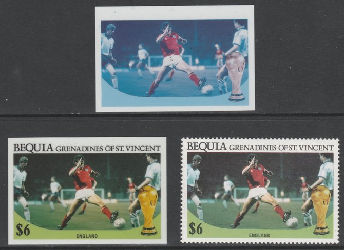 St Vincent - Bequia 1986 World Cup Football $6 England - imperf Cromalin die proofs (plastic card) in magenta & cyan only and all 4 colours plus issued stamp, two rare proof items from the Format International archives. Cromalin proofs are an essential part of the printing proces, produced in very limited numbers and rarely offered on the open market., stamps on , stamps on  stamps on football  sport