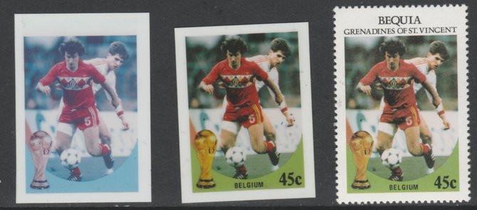 St Vincent - Bequia 1986 World Cup Football 45c Belgium - imperf Cromalin die proofs (plastic card) in magenta & cyan only and all 4 colours plus issued stamp, two rare p..., stamps on football  sport