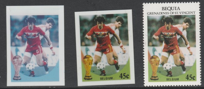 St Vincent - Bequia 1986 World Cup Football 45c Belgium - imperf Cromalin die proofs (plastic card) in magenta & cyan only and all 4 colours plus issued stamp, two rare proof items from the Format International archives. Cromalin proofs are an essential part of the printing proces, produced in very limited numbers and rarely offered on the open market., stamps on , stamps on stamps on football sport