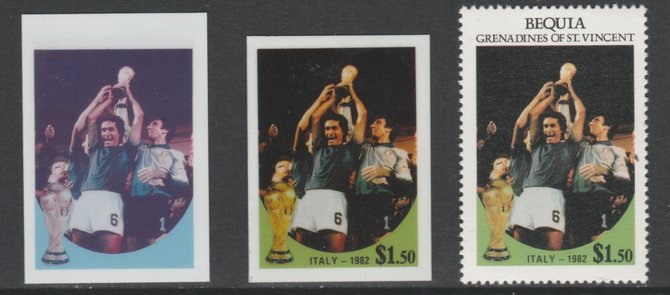 St Vincent - Bequia 1986 World Cup Football $1.50 Italy - imperf Cromalin die proofs (plastic card) in magenta & cyan only and all 4 colours plus issued stamp, two rare proof items from the Format International archives. Cromalin proofs are an essential part of the printing proces, produced in very limited numbers and rarely offered on the open market., stamps on , stamps on  stamps on football  sport