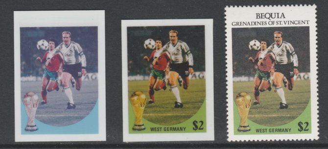 St Vincent - Bequia 1986 World Cup Football $2 West Germany - imperf Cromalin die proofs (plastic card) in magenta & cyan only and all 4 colours plus issued stamp, two rare proof items from the Format International archives. Cromalin proofs are an essential part of the printing proces, produced in very limited numbers and rarely offered on the open market., stamps on , stamps on  stamps on football  sport