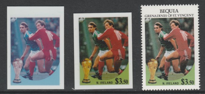 St Vincent - Bequia 1986 World Cup Football $3.50 N Ireland - imperf Cromalin die proofs (plastic card) in magenta & cyan only and all 4 colours plus issued stamp, two rare proof items from the Format International archives. Cromalin proofs are an essential part of the printing proces, produced in very limited numbers and rarely offered on the open market., stamps on , stamps on stamps on football sport
