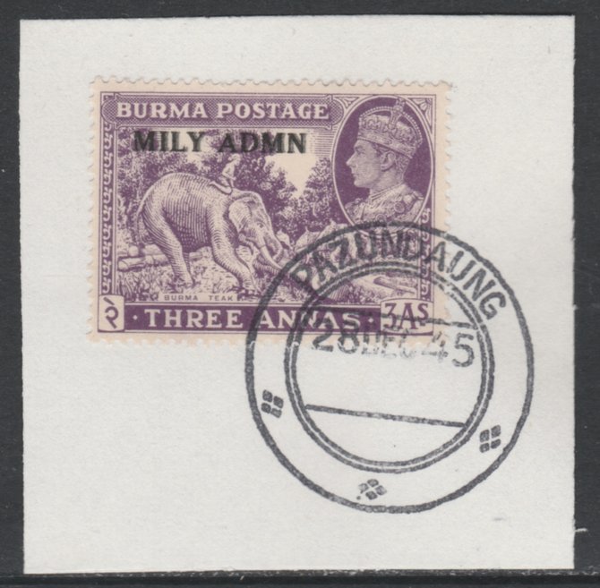 Burma 1945 Mily Admin opt on Elephant & Teak 3a violet SG 43 on piece with full strike of Madame Joseph forged postmark type 106, stamps on , stamps on  stamps on , stamps on  stamps on  kg6 , stamps on  stamps on elephants, stamps on  stamps on teak, stamps on  stamps on wood, stamps on  stamps on timber