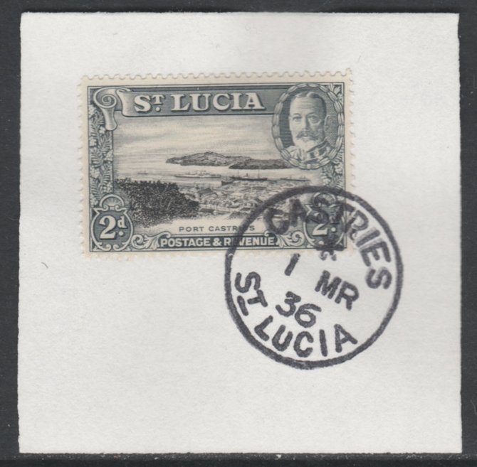 St Lucia 1936 KG5 Pictorial 2d black & grey SG 116 on piece with full strike of Madame Joseph forged postmark type 359, stamps on , stamps on  stamps on , stamps on  stamps on  kg5 , stamps on  stamps on ports