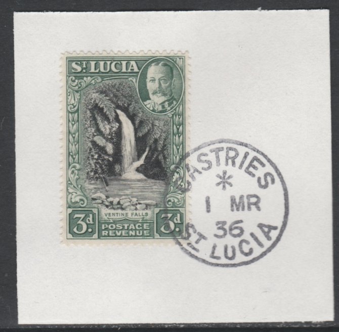 St Lucia 1936 KG5 Pictorial 3d black & dull green SG 118 on piece with full strike of Madame Joseph forged postmark type 359, stamps on , stamps on  stamps on , stamps on  stamps on  kg5 , stamps on  stamps on waterfalls