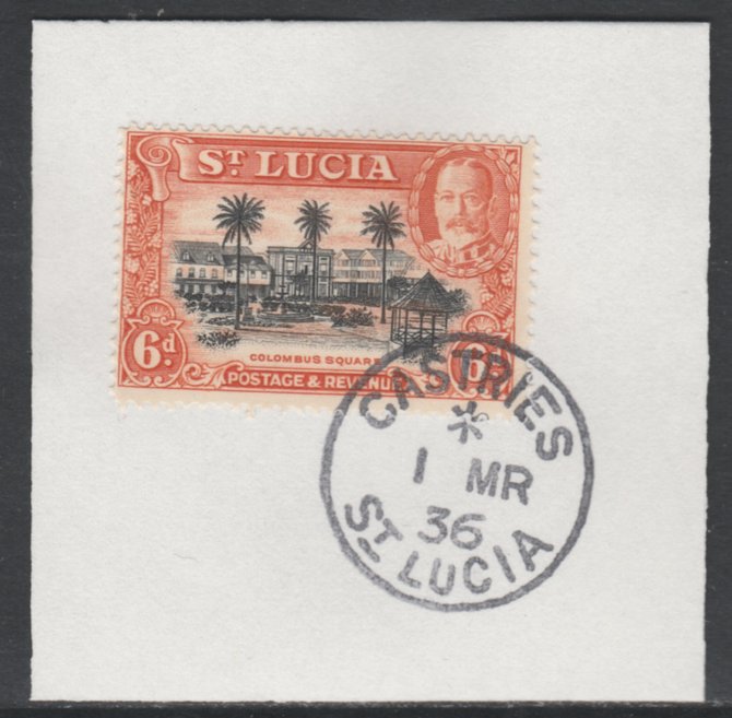 St Lucia 1936 KG5 Pictorial 6d black & orange SG 120 on piece with full strike of Madame Joseph forged postmark type 359, stamps on , stamps on  kg5 , stamps on columbus