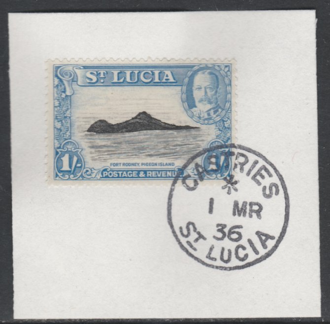 St Lucia 1936 KG5 Pictorial 1s black & light blue SG 121 on piece with full strike of Madame Joseph forged postmark type 359, stamps on , stamps on  kg5 , stamps on forts