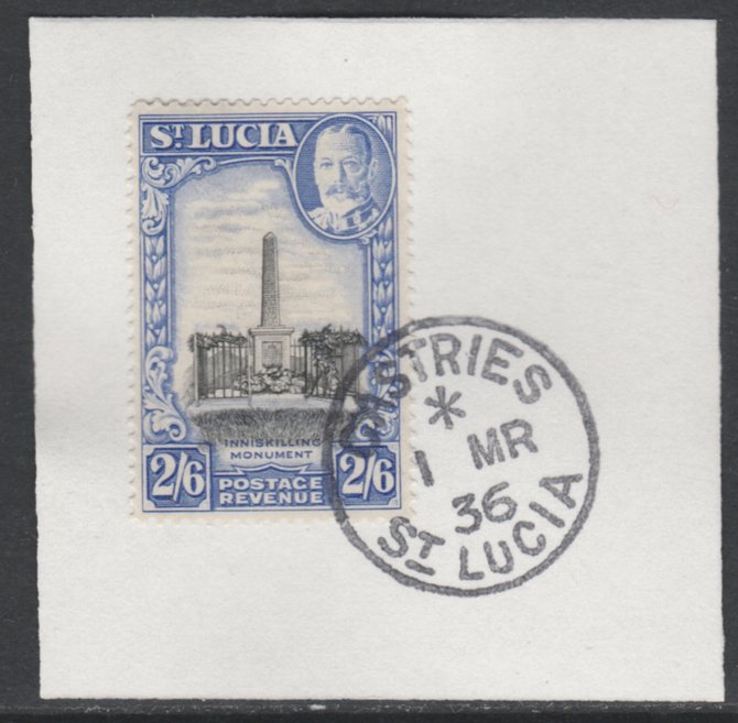 St Lucia 1936 KG5 Pictorial 2s6d black & ultramarine SG 122 on piece with full strike of Madame Joseph forged postmark type 359, stamps on , stamps on  stamps on , stamps on  stamps on  kg5 , stamps on  stamps on monuments