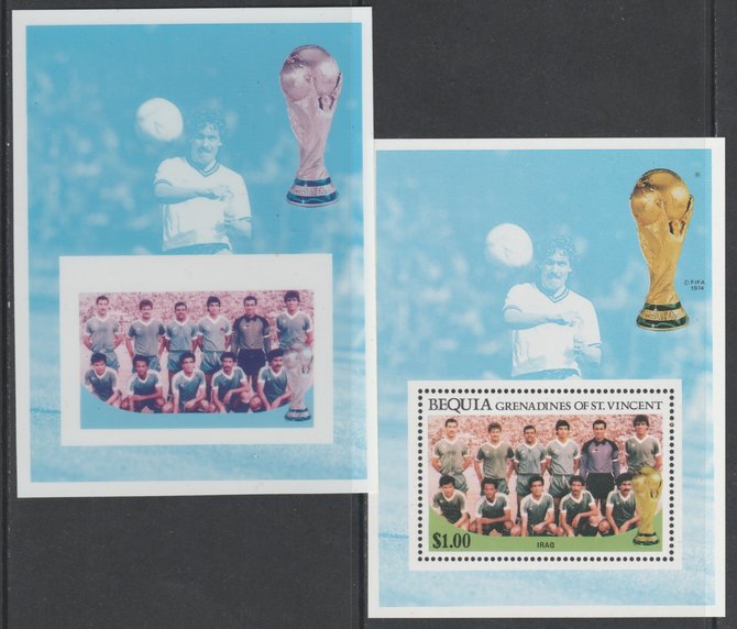 St Vincent - Bequia 1986 World Cup Football $1.00 m/sheet (Iraq Team) imperf Cromalin die proof (plastic card) in magenta & cyan only (plus issued m/sheet) ex Format International archives. Cromalin proofs are an essential part of the printing proces, produced in very limited numbers and rarely offered on the open market., stamps on , stamps on  stamps on football, stamps on  stamps on sport