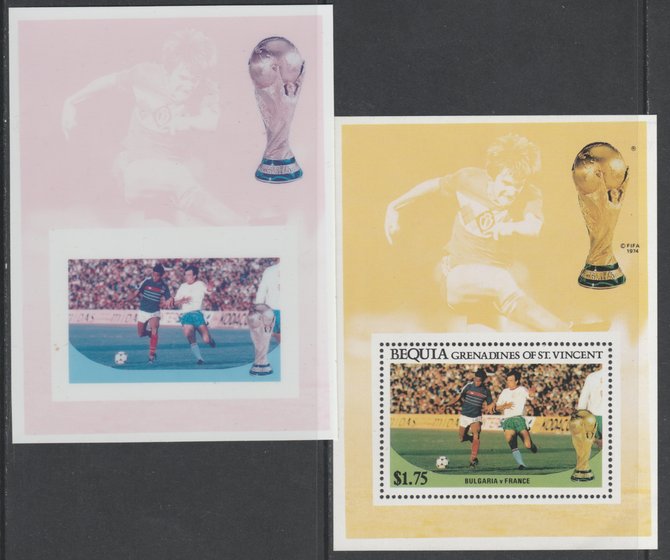 St Vincent - Bequia 1986 World Cup Football $1.75 m/sheet (Bulgaria v France) imperf Cromalin die proof (plastic card) in magenta & cyan only (plus issued m/sheet) ex Format International archives. Cromalin proofs are an essential part of the printing proces, produced in very limited numbers and rarely offered on the open market., stamps on , stamps on  stamps on football, stamps on  stamps on sport