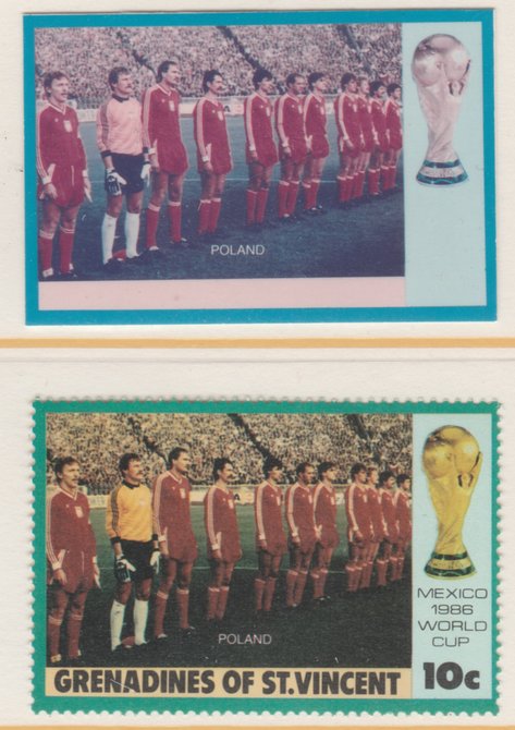 St Vincent - Grenadines 1986 World Cup Football 10c Poland Team - imperf Cromalin die proof (plastic card) in magenta & cyan only (plus issued stamp)rare proof item from ..., stamps on football  sport