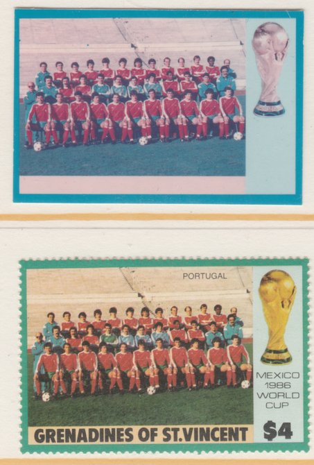 St Vincent - Grenadines 1986 World Cup Football $4 Portugal Team - imperf Cromalin die proof (plastic card) in magenta & cyan only (plus issued stamp)rare proof item from..., stamps on football, stamps on sport