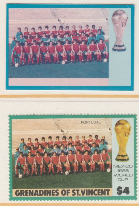 St Vincent - Grenadines 1986 World Cup Football $4 Portugal Team - imperf Cromalin die proof (plastic card) in magenta & cyan only (plus issued stamp)rare proof item from..., stamps on football  sport