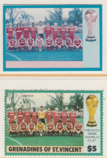 St Vincent - Grenadines 1986 World Cup Football $5 Canada Team - imperf Cromalin die proof (plastic card) in magenta & cyan only (plus issued stamp)rare proof item from the Format International archives. Cromalin proofs are an essential part of the printing proces, produced in very limited numbers and rarely offered on the open market., stamps on , stamps on  stamps on football  sport
