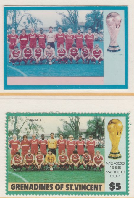 St Vincent - Grenadines 1986 World Cup Football $5 Canada Team - imperf Cromalin die proof (plastic card) in magenta & cyan only (plus issued stamp)rare proof item from the Format International archives. Cromalin proofs are an essential part of the printing proces, produced in very limited numbers and rarely offered on the open market., stamps on , stamps on stamps on football sport
