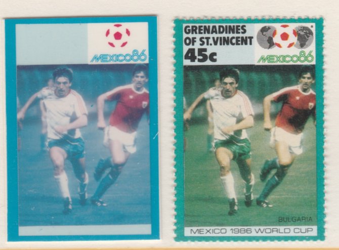 St Vincent - Grenadines 1986 World Cup Football 45c Bulgaria - imperf Cromalin die proof (plastic card) in magenta & cyan only (plus issued stamp)rare proof item from the Format International archives. Cromalin proofs are an essential part of the printing proces, produced in very limited numbers and rarely offered on the open market., stamps on , stamps on  stamps on football  sport