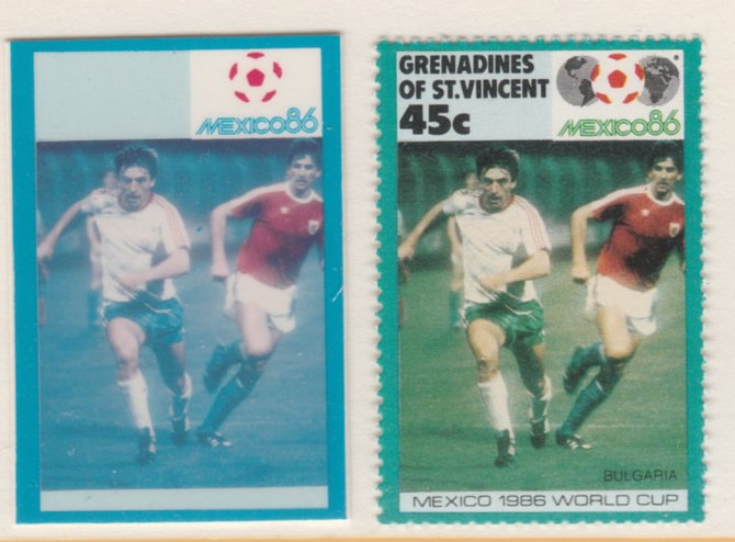 St Vincent - Grenadines 1986 World Cup Football 45c Bulgaria - imperf Cromalin die proof (plastic card) in magenta & cyan only (plus issued stamp)rare proof item from the Format International archives. Cromalin proofs are an essential part of the printing proces, produced in very limited numbers and rarely offered on the open market., stamps on , stamps on stamps on football sport