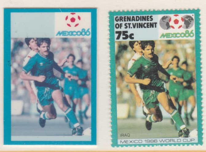 St Vincent - Grenadines 1986 World Cup Football 75c Iraq - imperf Cromalin die proof (plastic card) in magenta & cyan only (plus issued stamp)rare proof item from the Format International archives. Cromalin proofs are an essential part of the printing proces, produced in very limited numbers and rarely offered on the open market., stamps on , stamps on stamps on football sport