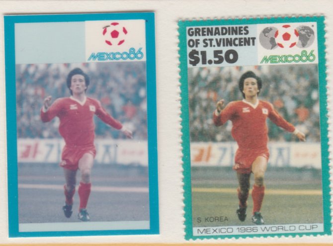 St Vincent - Grenadines 1986 World Cup Football $1.50 S Korea - imperf Cromalin die proof (plastic card) in magenta & cyan only (plus issued stamp)rare proof item from the Format International archives. Cromalin proofs are an essential part of the printing proces, produced in very limited numbers and rarely offered on the open market., stamps on , stamps on  stamps on football  sport