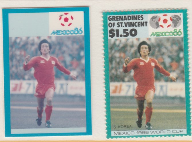St Vincent - Grenadines 1986 World Cup Football $1.50 S Korea - imperf Cromalin die proof (plastic card) in magenta & cyan only (plus issued stamp)rare proof item from th..., stamps on football, stamps on sport
