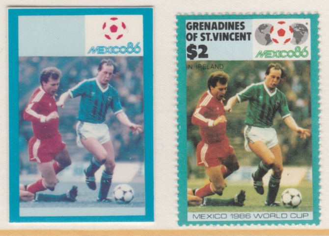 St Vincent - Grenadines 1986 World Cup Football $2 Northern Ireland - imperf Cromalin die proof (plastic card) in magenta & cyan only (plus issued stamp)rare proof item from the Format International archives. Cromalin proofs are an essential part of the printing proces, produced in very limited numbers and rarely offered on the open market., stamps on , stamps on  stamps on football  sport