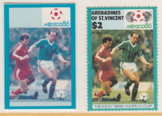 St Vincent - Grenadines 1986 World Cup Football $2 Northern Ireland - imperf Cromalin die proof (plastic card) in magenta & cyan only (plus issued stamp)rare proof item from the Format International archives. Cromalin proofs are an essential part of the printing proces, produced in very limited numbers and rarely offered on the open market., stamps on , stamps on stamps on football sport