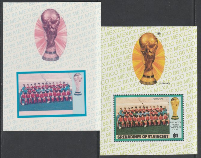 St Vincent - Grenadines 1986 World Cup Football $1.00 m/sheet (Portugal Team) imperf Cromalin die proof (plastic card) in magenta & cyan only (plus issued m/sheet) ex Format International archives. Cromalin proofs are an essential part of the printing proces, produced in very limited numbers and rarely offered on the open market., stamps on , stamps on  stamps on football, stamps on  stamps on sport