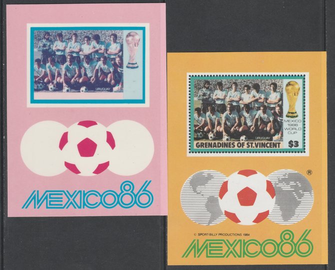 St Vincent - Grenadines 1986 World Cup Football $3.00 m/sheet (Uruguay Team) imperf Cromalin die proof (plastic card) in magenta & cyan only (plus issued m/sheet) ex Format International archives. Cromalin proofs are an essential part of the printing proces, produced in very limited numbers and rarely offered on the open market., stamps on , stamps on  stamps on football, stamps on  stamps on sport