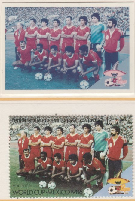 St Vincent - Union Island 1986 World Cup Football 1c Morocco Team - imperf Cromalin die proof (plastic card) in magenta & cyan only (plus issued stamp)rare proof item fro..., stamps on football  sport