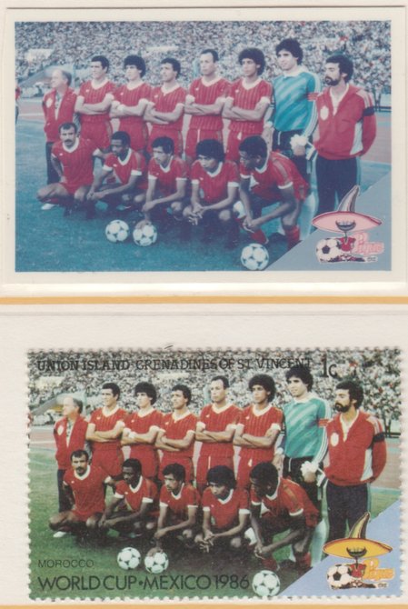 St Vincent - Union Island 1986 World Cup Football 1c Morocco Team - imperf Cromalin die proof (plastic card) in magenta & cyan only (plus issued stamp)rare proof item from the Format International archives. Cromalin proofs are an essential part of the printing proces, produced in very limited numbers and rarely offered on the open market., stamps on , stamps on stamps on football sport