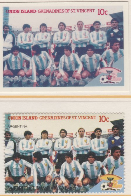 St Vincent - Union Island 1986 World Cup Football 10c Argentina Team - imperf Cromalin die proof (plastic card) in magenta & cyan only (plus issued stamp)rare proof item from the Format International archives. Cromalin proofs are an essential part of the printing proces, produced in very limited numbers and rarely offered on the open market., stamps on , stamps on  stamps on football  sport