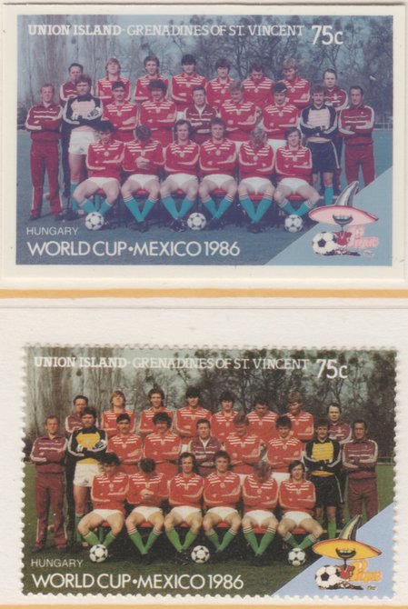 St Vincent - Union Island 1986 World Cup Football 75c Hungary Team - imperf Cromalin die proof (plastic card) in magenta & cyan only (plus issued stamp)rare proof item from the Format International archives. Cromalin proofs are an essential part of the printing proces, produced in very limited numbers and rarely offered on the open market., stamps on , stamps on  stamps on football  sport