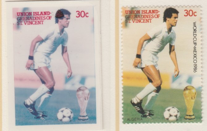 St Vincent - Union Island 1986 World Cup Football 30c Algeria - imperf Cromalin die proof (plastic card) in magenta & cyan only (plus issued stamp)rare proof item from the Format International archives. Cromalin proofs are an essential part of the printing proces, produced in very limited numbers and rarely offered on the open market., stamps on , stamps on  stamps on football  sport