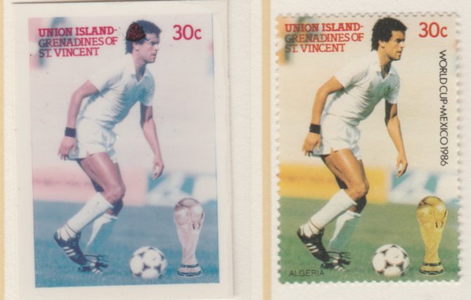 St Vincent - Union Island 1986 World Cup Football 30c Algeria - imperf Cromalin die proof (plastic card) in magenta & cyan only (plus issued stamp)rare proof item from the Format International archives. Cromalin proofs are an essential part of the printing proces, produced in very limited numbers and rarely offered on the open market., stamps on , stamps on stamps on football sport