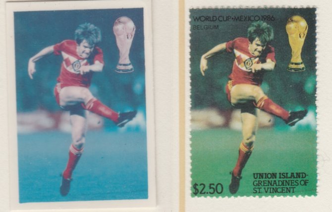St Vincent - Union Island 1986 World Cup Football $2.50 Belgium - imperf Cromalin die proof (plastic card) in magenta & cyan only (plus issued stamp)rare proof item from the Format International archives. Cromalin proofs are an essential part of the printing proces, produced in very limited numbers and rarely offered on the open market., stamps on , stamps on stamps on football sport