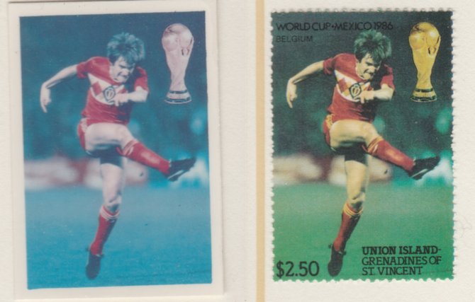 St Vincent - Union Island 1986 World Cup Football $2.50 Belgium - imperf Cromalin die proof (plastic card) in magenta & cyan only (plus issued stamp)rare proof item from ..., stamps on football  sport