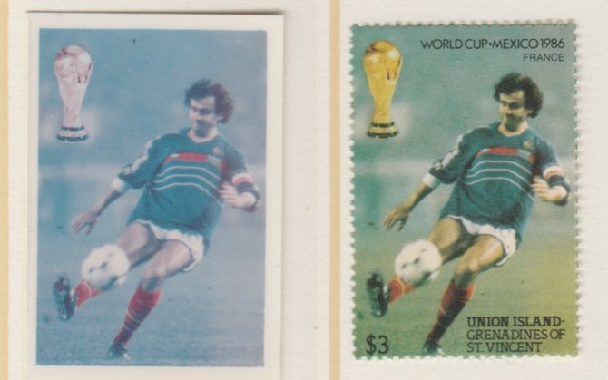 St Vincent - Union Island 1986 World Cup Football $3 France - imperf Cromalin die proof (plastic card) in magenta & cyan only (plus issued stamp)rare proof item from the Format International archives. Cromalin proofs are an essential part of the printing proces, produced in very limited numbers and rarely offered on the open market., stamps on , stamps on  stamps on football  sport