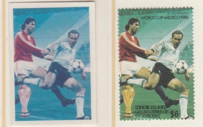St Vincent - Union Island 1986 World Cup Football $6 West Germany - imperf Cromalin die proof (plastic card) in magenta & cyan only (plus issued stamp)rare proof item from the Format International archives. Cromalin proofs are an essential part of the printing proces, produced in very limited numbers and rarely offered on the open market., stamps on , stamps on stamps on football sport