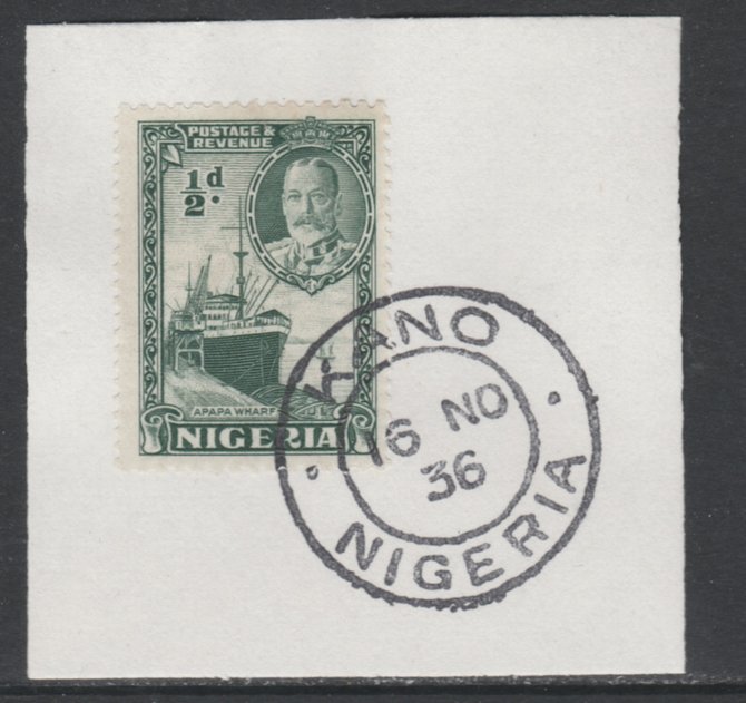 Nigeria 1936 KG5 Pictorial 1/2d green, SG 34 on piece with full strike of Madame Joseph forged postmark type 302, stamps on , stamps on  stamps on , stamps on  stamps on  kg5 , stamps on  stamps on 