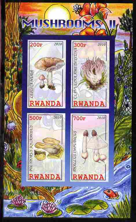 Rwanda 2010 Mushrooms #2 imperf sheetlet containing 4 values unmounted mint, stamps on fungi